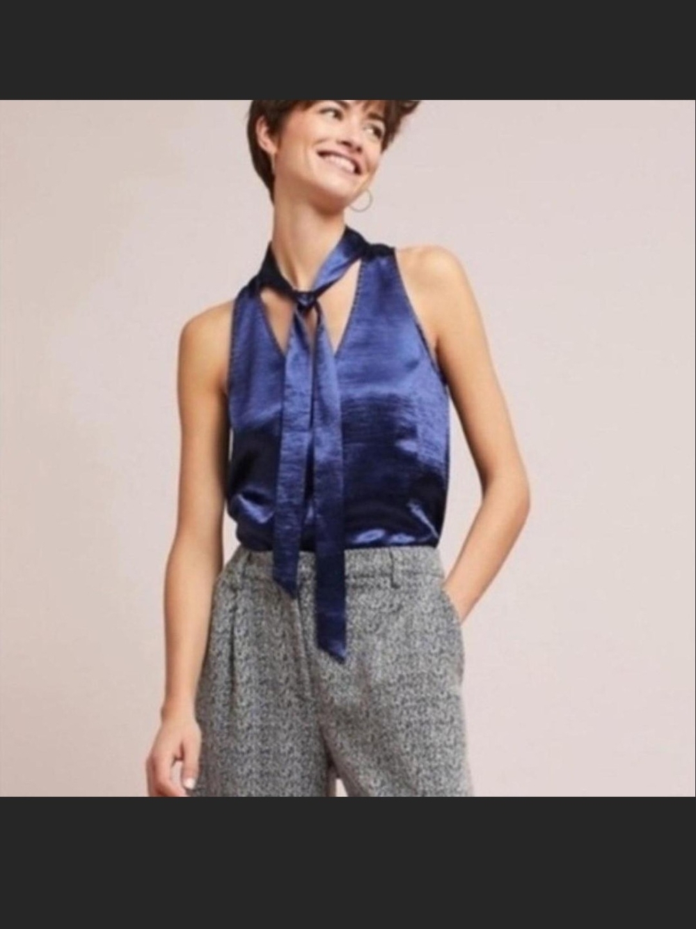 Maeve By Anthropologie Navy Satin Tie-Neck Sleeveless Top